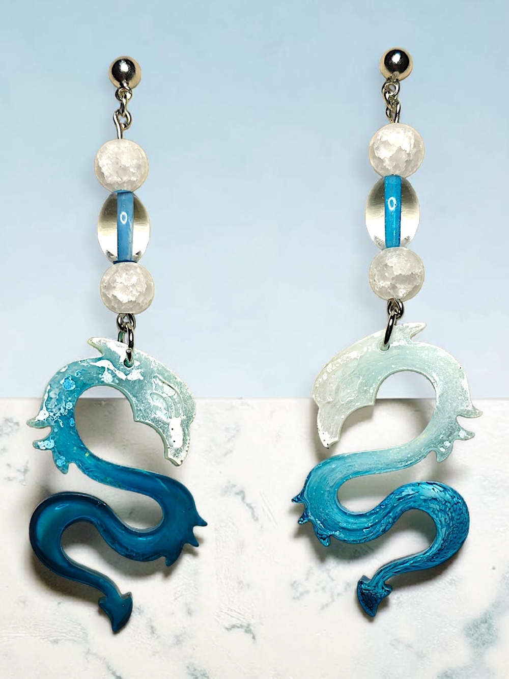 Oceanic Blue Gradient Resin Dragon & Glass Bead Drop Earrings